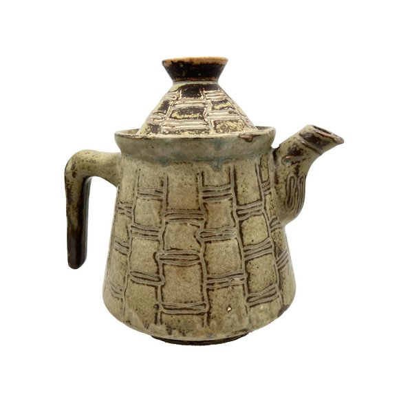 Hand Crafted Other - Art Studio Pottery Teapot Earthy Green And Brown Glaze Unique Handle Stoneware